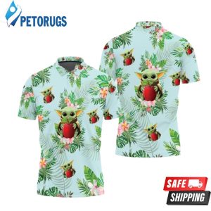 Baby Yoda Hugging Apples Seamless Tropical Green Leaves On Green Polo Shirt