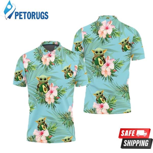 Baby Yoda Hugging Avocadoes Seamless Tropical Colorful Flowers On Teal Polo Shirt