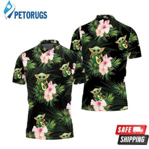 Baby Yoda Hugging Avocadoes Seamless Tropical Flowers And Green Leaves On Black Polo Shirt