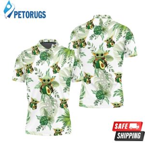 Baby Yoda Hugging Avocadoes Seamless Tropical Green Leaves On White Polo Shirt