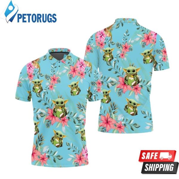 Baby Yoda Hugging Coconuts Seamless Tropical Colorful Flowers On Teal 2 Polo Shirt