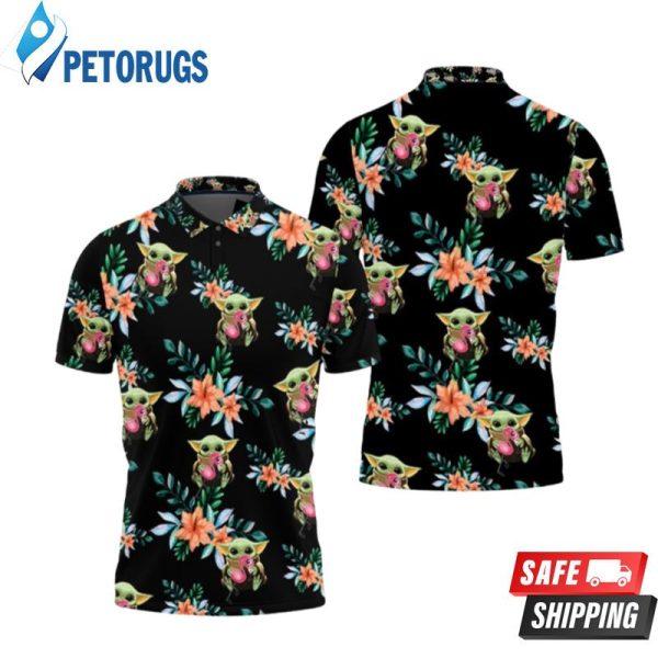 Baby Yoda Hugging Flamingos Seamless Tropical Colorful Flowers On Black 2 Polo Shirt