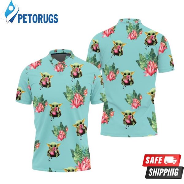 Baby Yoda Hugging Flamingos Seamless Tropical Leaves Lotuses On Teal Polo Shirt