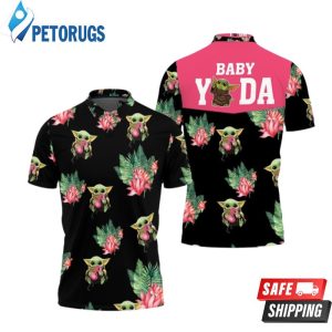 Baby Yoda Hugging Kiwis Seamless Tropical Leaves Lotuses On Black Polo Shirt