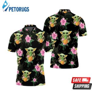 Baby Yoda Hugging Pineapples Seamless Tropical Colorful Flowers On Black Polo Shirt