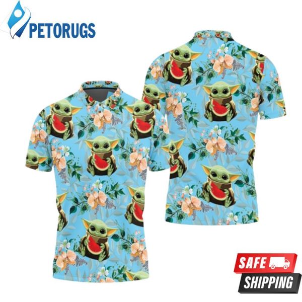 Baby Yoda Hugging Watermelons Seamless Tropical Colorful Flowers On Teal Polo Shirt