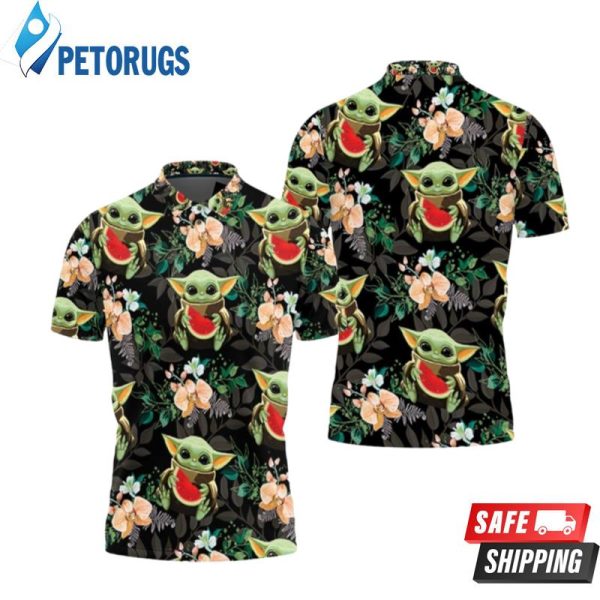 Baby Yoda Hugging Watermelons Seamless Tropical Green Leaves On Black Polo Shirt