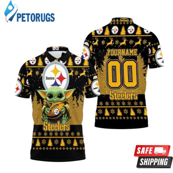 Baby Yoda Hugs Pittsburgh Steelers Ugly Sweater Personalized Polo Shirt