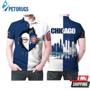 Chicago Bears And Chicago Cubs Heartbeat Love Ripped Team Logo For Bears Fans Cubs Fans Polo Shirt