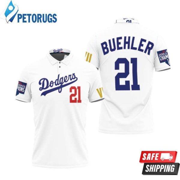 Design Los Angeles Dodgers Buehler 21 Championship Golden Edition White Inspired Style Polo Shirt