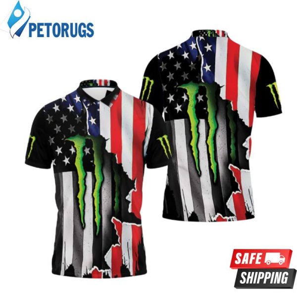 Monster Energy Ripped In American Flag Polo Shirt