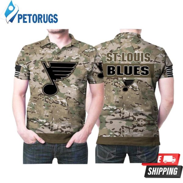 St Louis Blues Camouflage Veteran Us Flag Polo Shirt