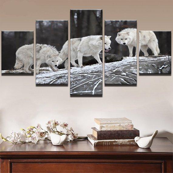 3 White Wolves 01 - Animal 5 Panel Canvas Art Wall Decor 3 White Wolves 01 - Animal 5 Panel Canvas Art Wall Decor