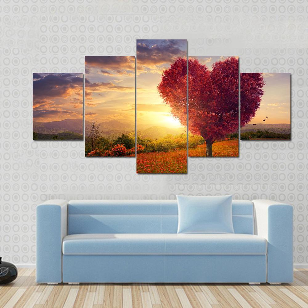 A Red Heart Shaped Tree At Sunset - Nature 5 Panel Canvas Art Wall Decor A Red Heart Shaped Tree At Sunset - Nature 5 Panel Canvas Art Wall Decor
