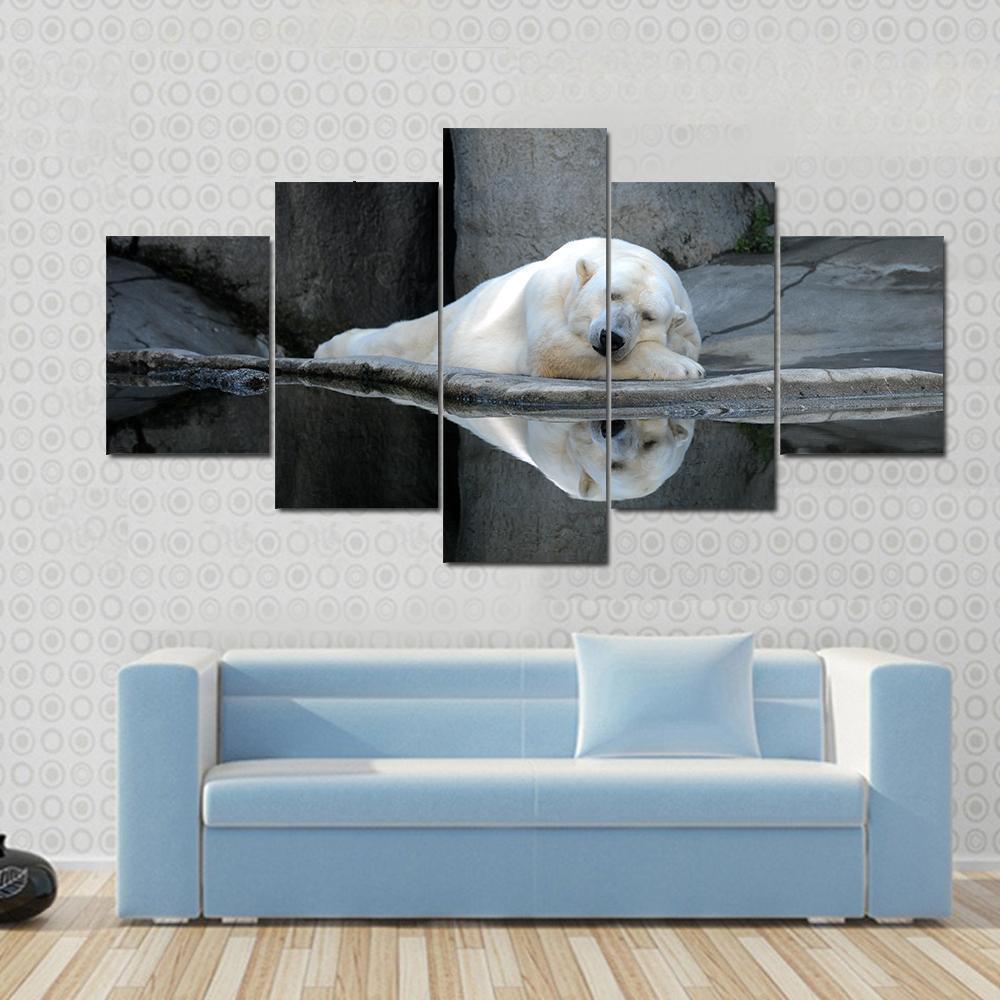 A Sleeping Polar Bear At A Zoo - Animal 5 Panel Canvas Art Wall Decor A Sleeping Polar Bear At A Zoo - Animal 5 Panel Canvas Art Wall Decor
