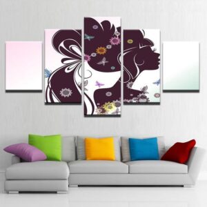 Abstract Long Hair Flower Girl Silhouette - Abstract 5 Panel Canvas Art Wall Decor