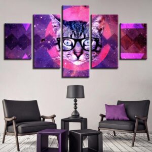 Abstract Red Moon Animal Cat With Glasses - Animal 5 Panel Canvas Art Wall Decor