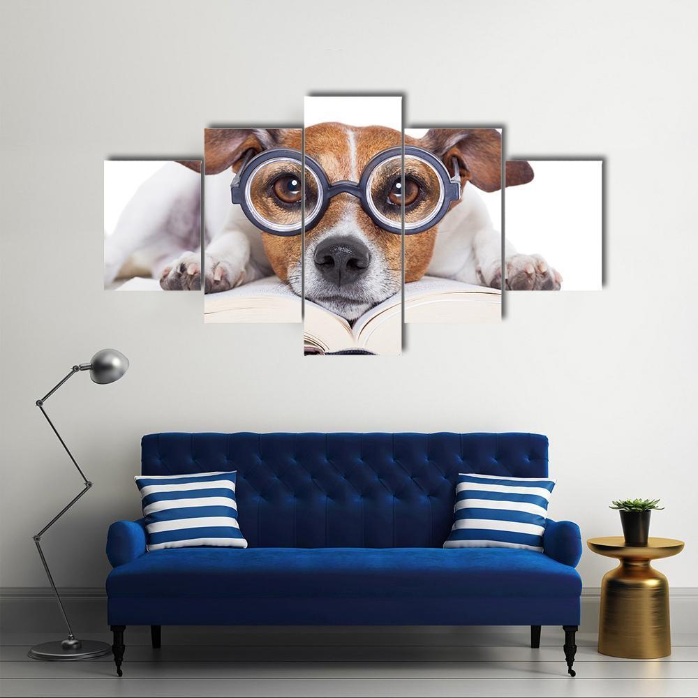 Ack Russell Dog Reading A Book With Nerd Glasses - Animal 5 Panel Canvas Art Wall Decor Ack Russell Dog Reading A Book With Nerd Glasses - Animal 5 Panel Canvas Art Wall Decor
