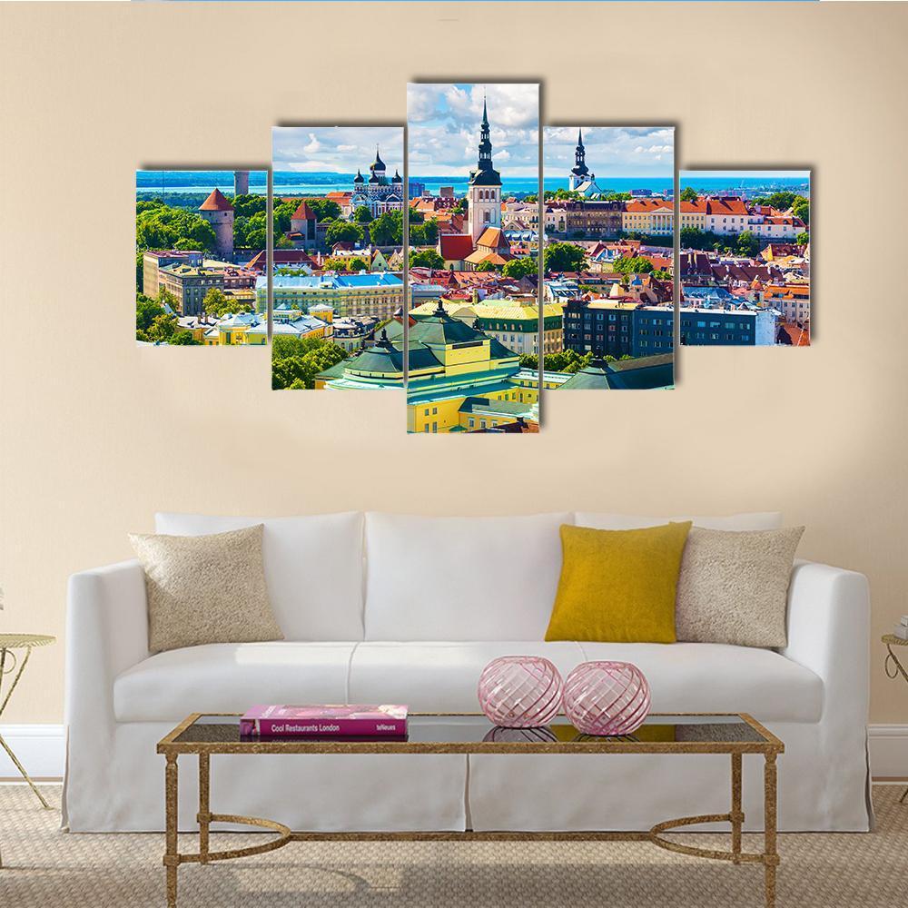 Aerial View Of The Old Town In Tallinn - Nature 5 Panel Canvas Art Wall Decor Aerial View Of The Old Town In Tallinn - Nature 5 Panel Canvas Art Wall Decor