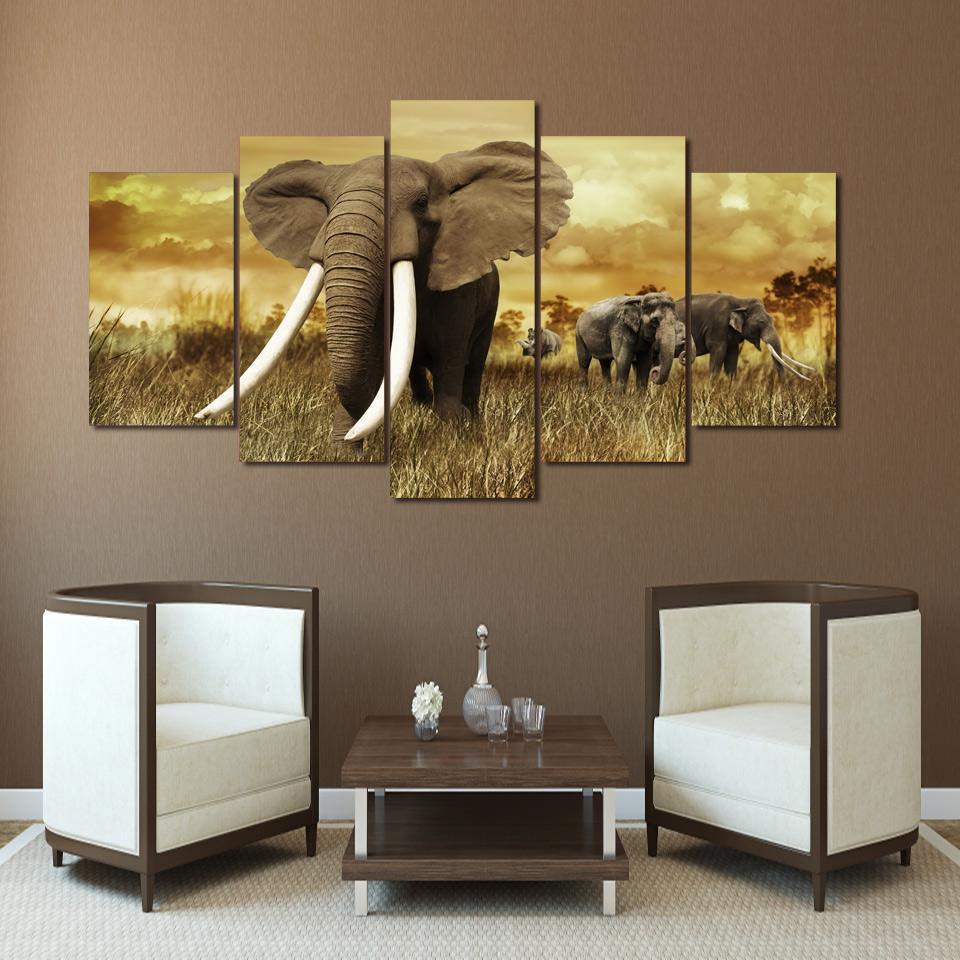 Africa Elephants - Animal 5 Panel Canvas Art Wall Decor Africa Elephants - Animal 5 Panel Canvas Art Wall Decor