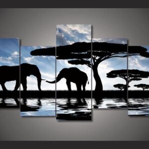 African Landscape Elephant Silhouette - Animal 5 Panel Canvas Art Wall Decor