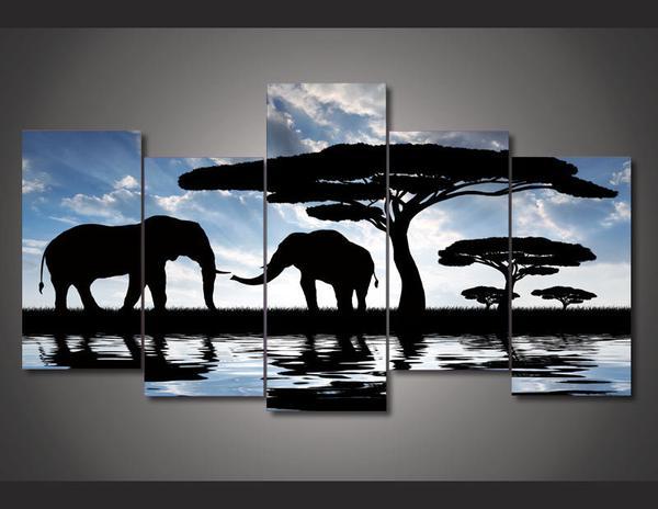 African Landscape Elephant Silhouette - Animal 5 Panel Canvas Art Wall Decor African Landscape Elephant Silhouette - Animal 5 Panel Canvas Art Wall Decor