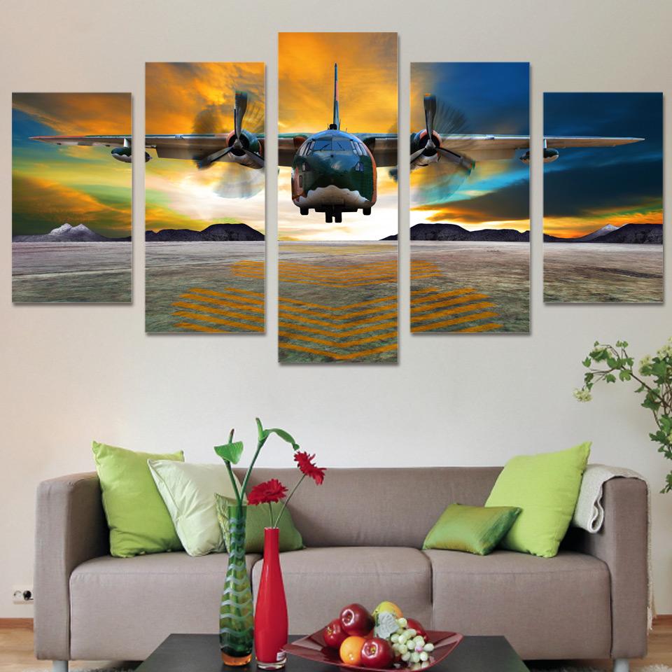 Airplane Fly Sunset - Aircraft 5 Panel Canvas Art Wall Decor Airplane Fly Sunset - Aircraft 5 Panel Canvas Art Wall Decor