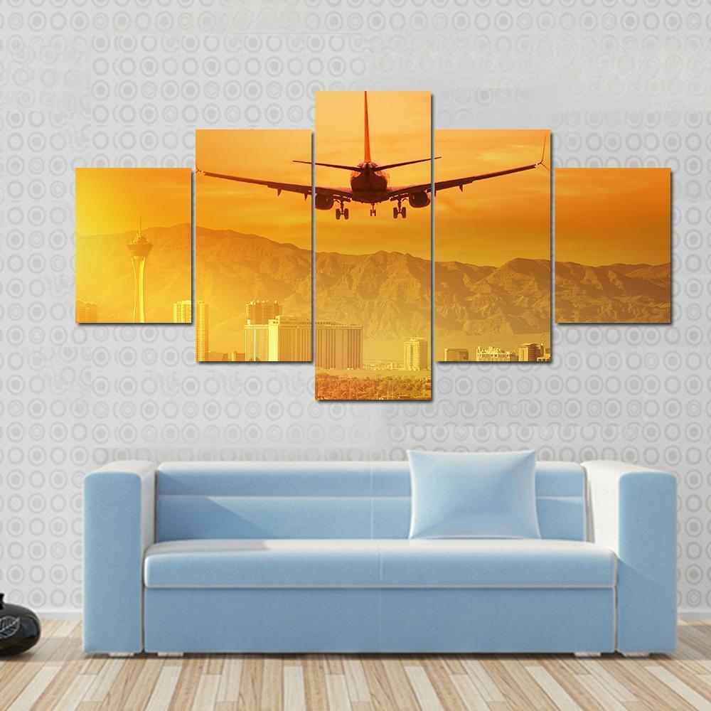 Airplane Flying Above City - Airplane 5 Panel Canvas Art Wall Decor Airplane Flying Above City - Airplane 5 Panel Canvas Art Wall Decor