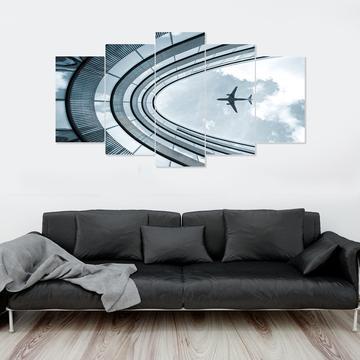 Airplane Flying Over Building - Airplane 5 Panel Canvas Art Wall Decor Airplane Flying Over Building - Airplane 5 Panel Canvas Art Wall Decor