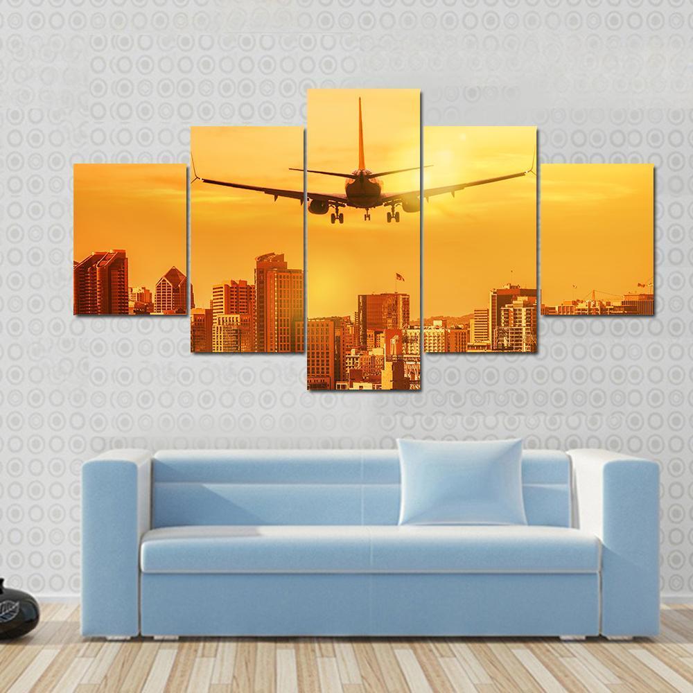 Airplane Flying Towards Big City - Airplane 5 Panel Canvas Art Wall Decor Airplane Flying Towards Big City - Airplane 5 Panel Canvas Art Wall Decor