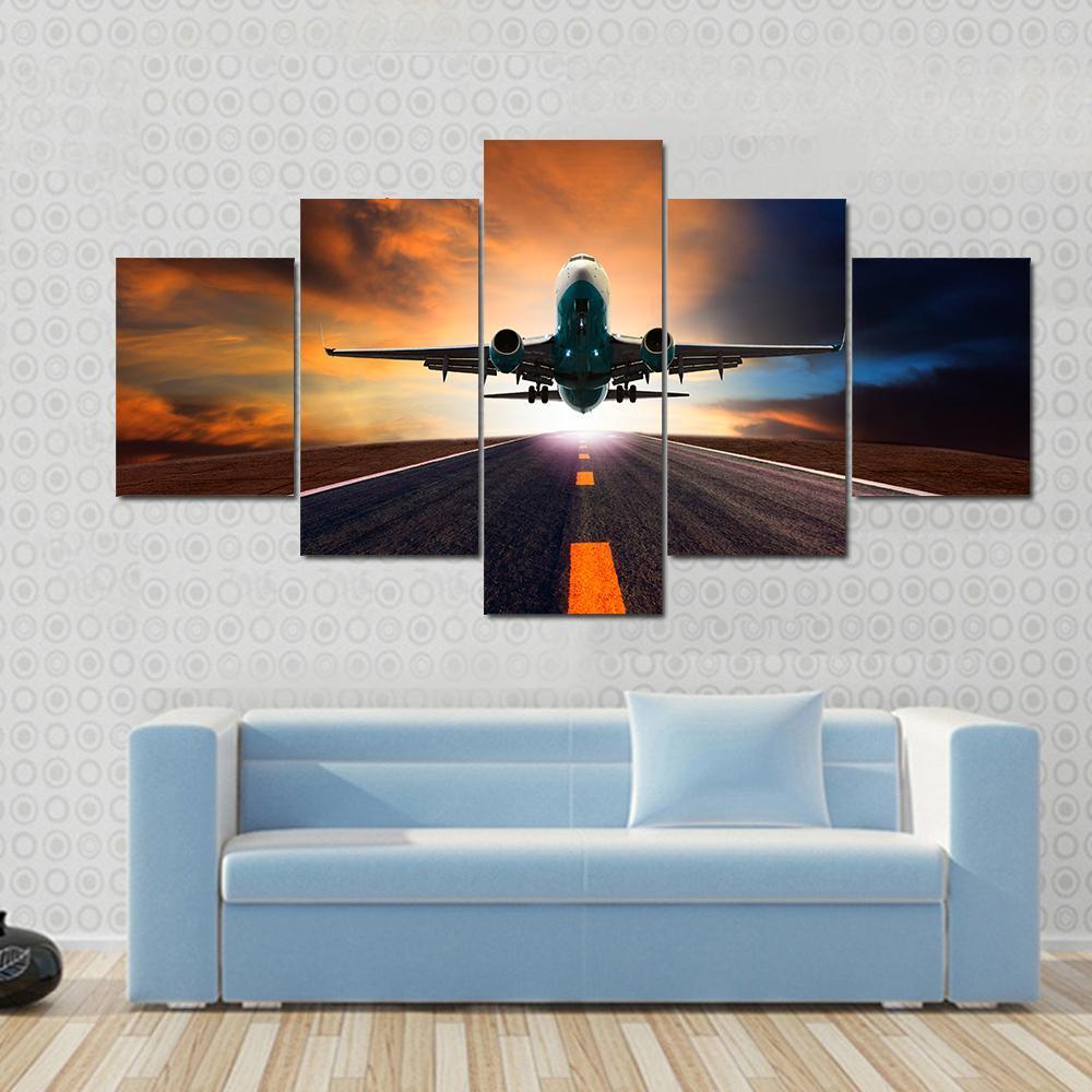 Airplane Taking Off From A Runway - Airplane 5 Panel Canvas Art Wall Decor Airplane Taking Off From A Runway - Airplane 5 Panel Canvas Art Wall Decor