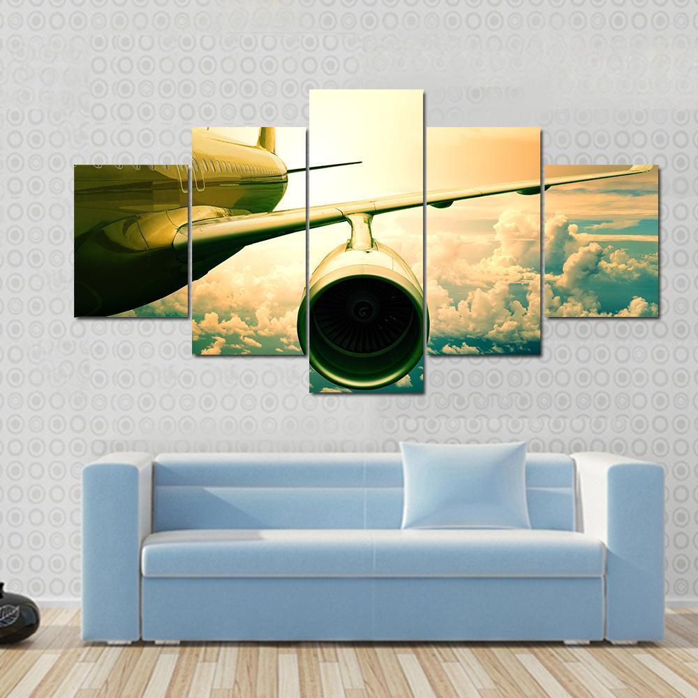Airplane Wings Flying Above Clouds - Airplane 5 Panel Canvas Art Wall Decor Airplane Wings Flying Above Clouds - Airplane 5 Panel Canvas Art Wall Decor