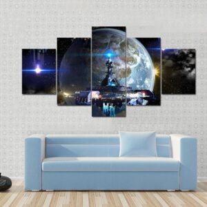 Alien Spaceship Fleet Moving Near Earth - Movie 5 Panel Canvas Art Wall Decor