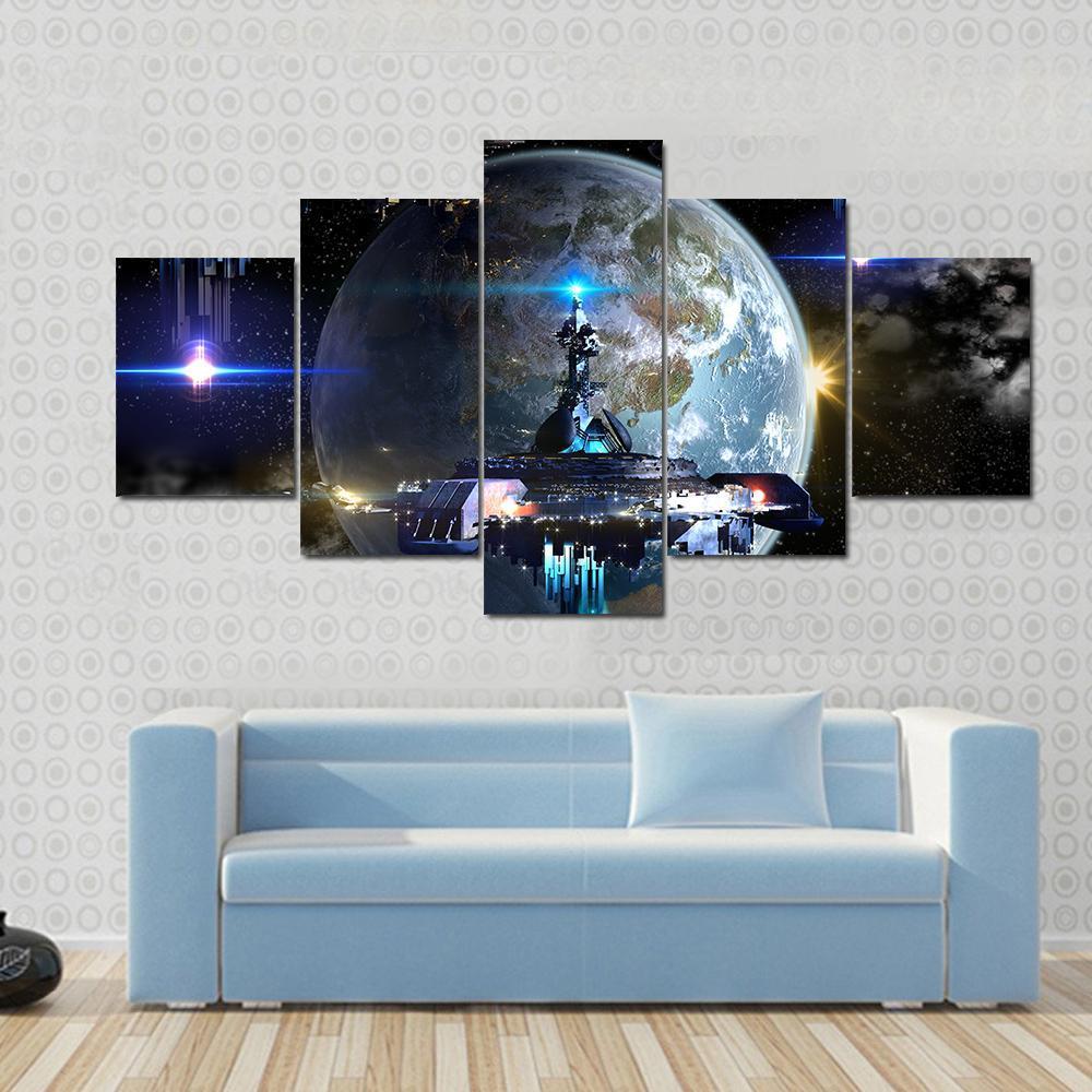 Alien Spaceship Fleet Moving Near Earth - Movie 5 Panel Canvas Art Wall Decor Alien Spaceship Fleet Moving Near Earth - Movie 5 Panel Canvas Art Wall Decor