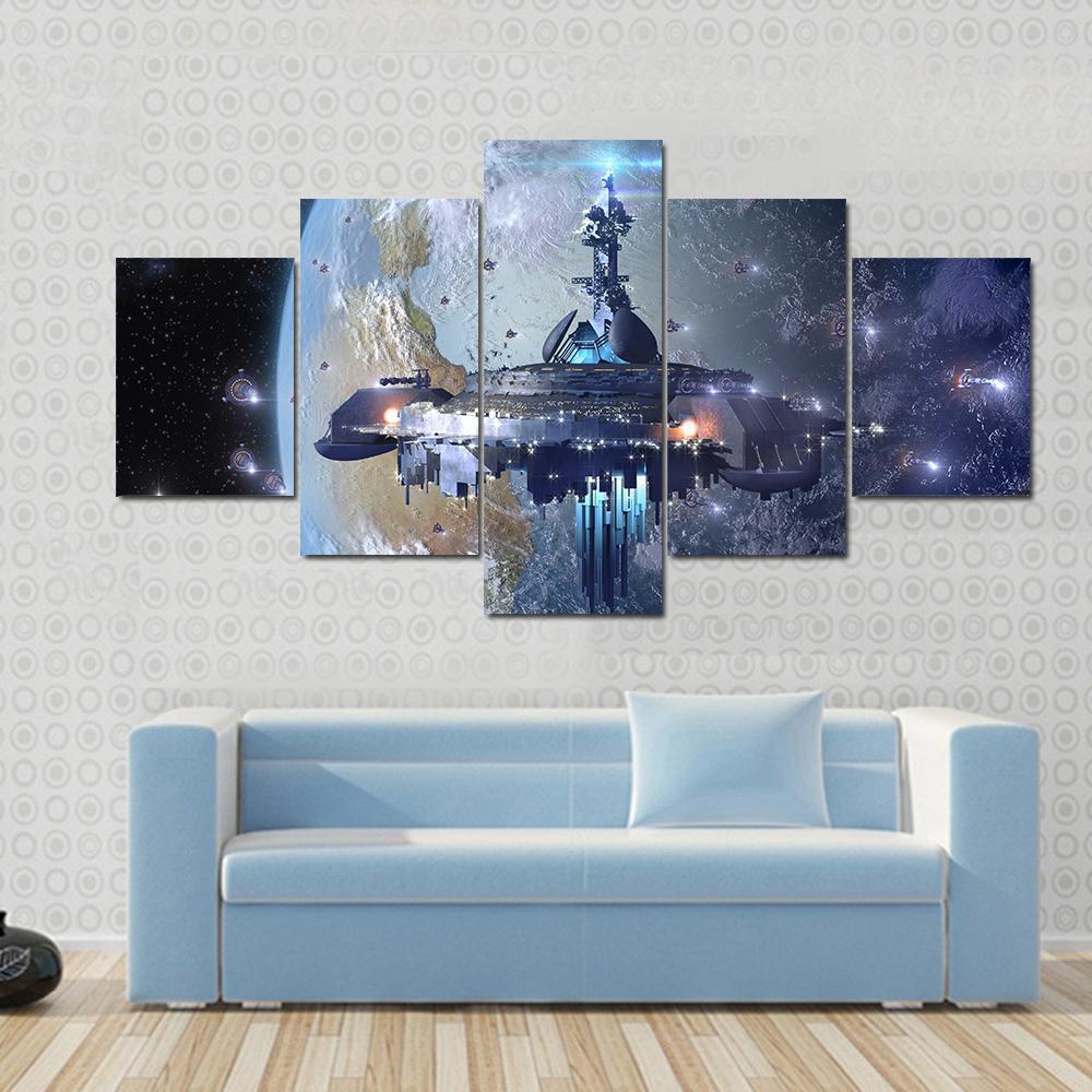 Aliens Ufo Mothership Near Earth - Space 5 Panel Canvas Art Wall Decor Aliens Ufo Mothership Near Earth - Space 5 Panel Canvas Art Wall Decor