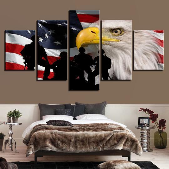 American Flag With Bald Eagle And Soldiers - Animal 5 Panel Canvas Art Wall Decor American Flag With Bald Eagle And Soldiers - Animal 5 Panel Canvas Art Wall Decor