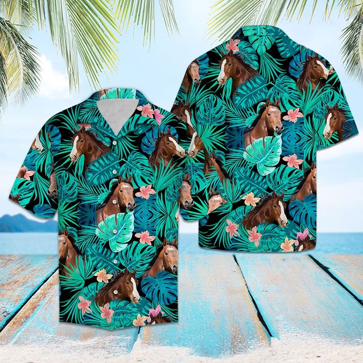 American Quarter Horse Green Tropical Hawaiian Shirt Summer Button Up American Quarter Horse Green Tropical Hawaiian Shirt Summer Button Up