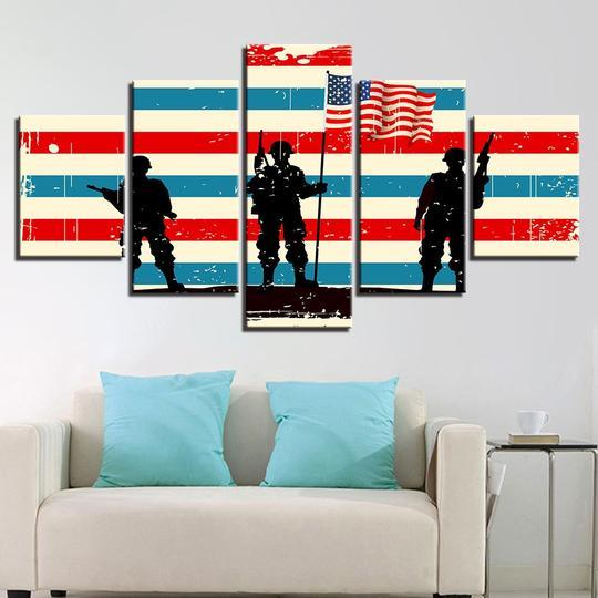 American Soldiers With Flag - Abstract 5 Panel Canvas Art Wall Decor American Soldiers With Flag - Abstract 5 Panel Canvas Art Wall Decor