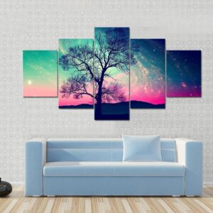 Andromeda Galaxy Over Earth Space - Nature 5 Panel Canvas Art Wall Decor