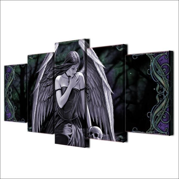 Angel Girl With Wings And Skull - Abstract 5 Panel Canvas Art Wall Decor Angel Girl With Wings And Skull - Abstract 5 Panel Canvas Art Wall Decor