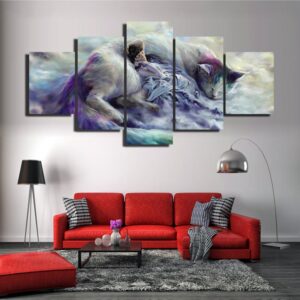 Animal Cat And Girl - Animal 5 Panel Canvas Art Wall Decor