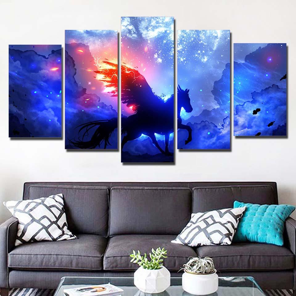 Animal Unicorn Night Scene - Abstract Animal 5 Panel Canvas Art Wall Decor Animal Unicorn Night Scene - Abstract Animal 5 Panel Canvas Art Wall Decor