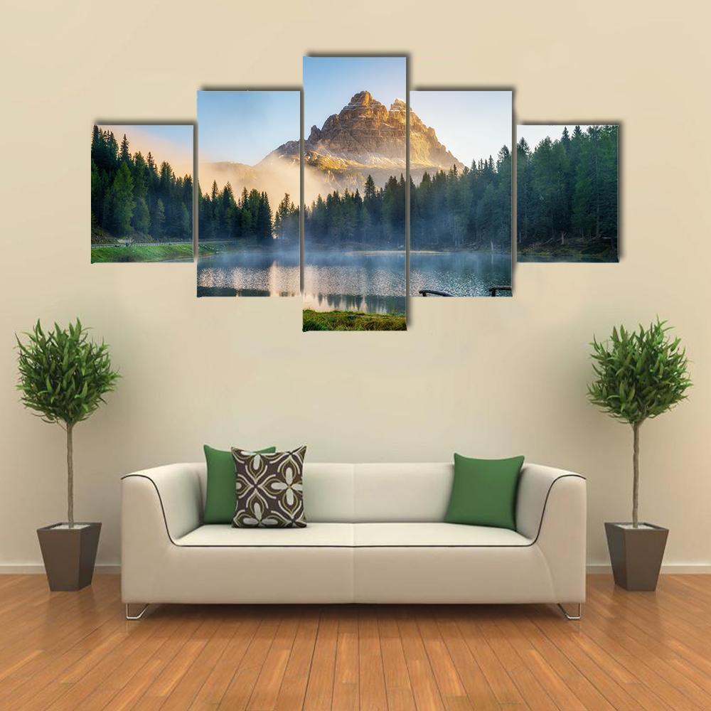 Antorno Lake With Peak Of Tre Cime Di Lavaredo - Nature 5 Panel Canvas Art Wall Decor Antorno Lake With Peak Of Tre Cime Di Lavaredo - Nature 5 Panel Canvas Art Wall Decor