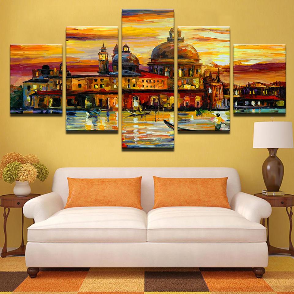 Aquatic City - Abstract 5 Panel Canvas Art Wall Decor Aquatic City - Abstract 5 Panel Canvas Art Wall Decor