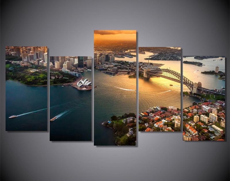 Arial Photo Of Sydney Harbour Sunset - Nature 5 Panel Canvas Art Wall Decor Arial Photo Of Sydney Harbour Sunset - Nature 5 Panel Canvas Art Wall Decor