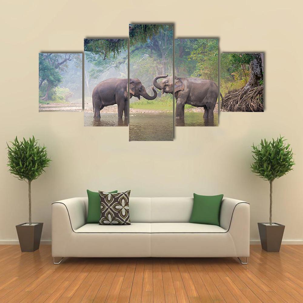 Asian Elephants In A Natural River At Deep Forest - Animal 5 Panel Canvas Art Wall Decor Asian Elephants In A Natural River At Deep Forest - Animal 5 Panel Canvas Art Wall Decor