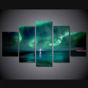Aurora Borealis Lighthouse Northen Lights - Nature 5 Panel Canvas Art Wall Decor