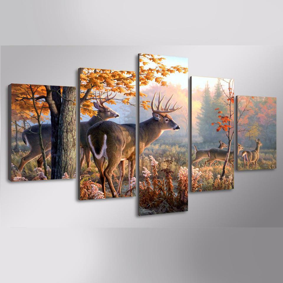 Autumn Deer - Animal 5 Panel Canvas Art Wall Decor Autumn Deer - Animal 5 Panel Canvas Art Wall Decor
