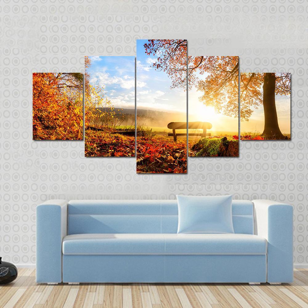 Autumn Landscape With The Sun Warmly Illumining A Bench Under A Tree - Nature 5 Panel Canvas Art Wall Decor Autumn Landscape With The Sun Warmly Illumining A Bench Under A Tree - Nature 5 Panel Canvas Art Wall Decor