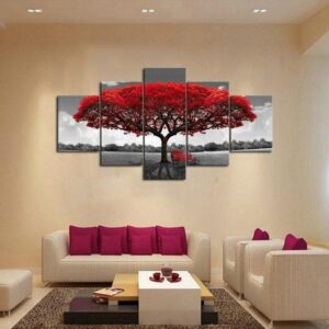Autumn Red Tree - Nature 5 Panel Canvas Art Wall Decor